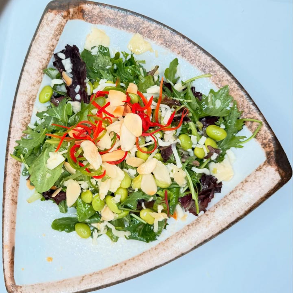 A triangular plate of Delhi to Kathmandu salad with greens, edamame, almonds, and red peppers.