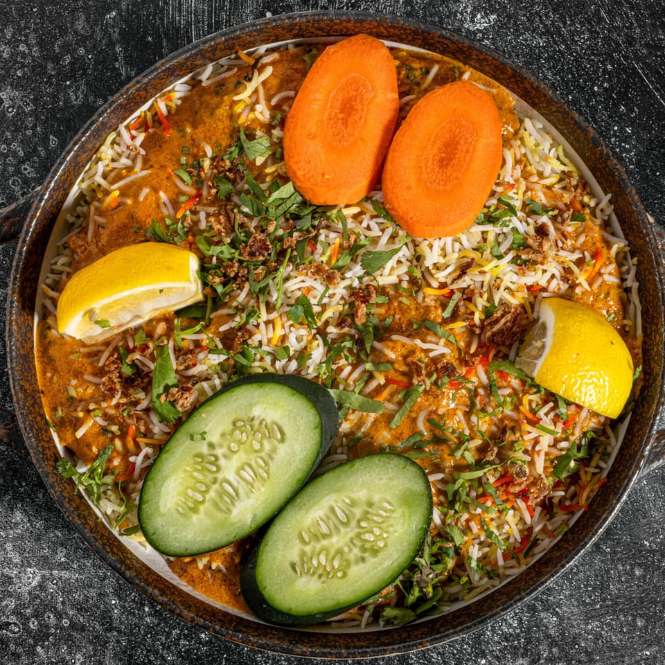 Indian biryani with rice, curry, carrots, cucumber, and lemon wedges in a dark bowl.